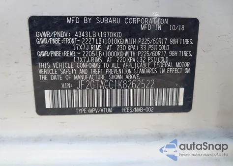 2019 Subaru Crosstrek 2.0I Premium из США, поврежденный, VIN JF2GTACC1K8262522